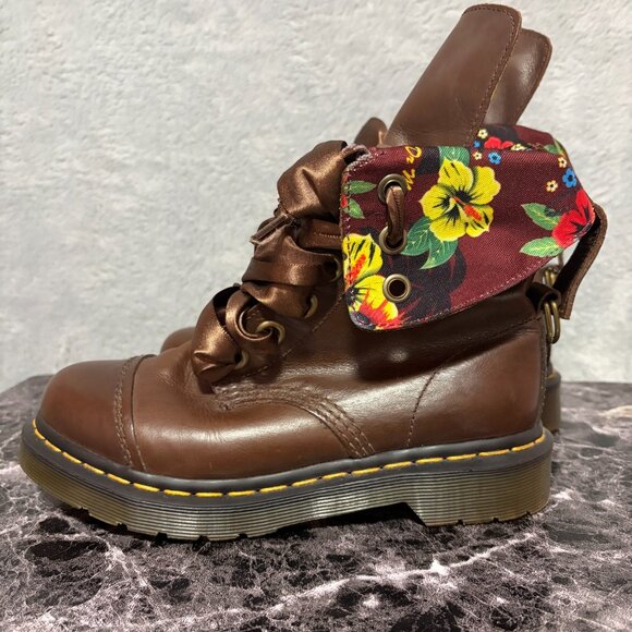 Dr Martens Boots Womens 5 Brown Floral Triumph Aimilita Fold Down Leather Combat - Picture 4 of 10